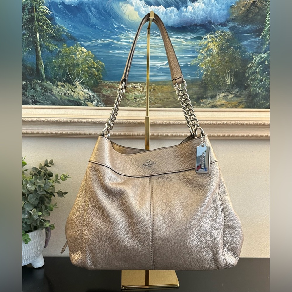 Coach Lexy Metallic Platinum Gold Triple Compartment Shoulder Bag EUC